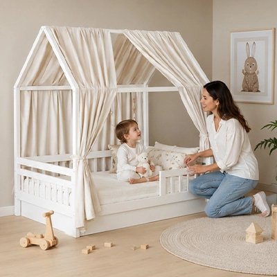 Ciel de lit enfant avec un maman qui souri avec son bébé