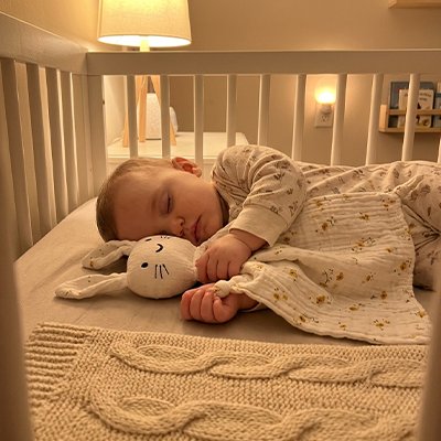 Doudou lapin avec un bébé endormi