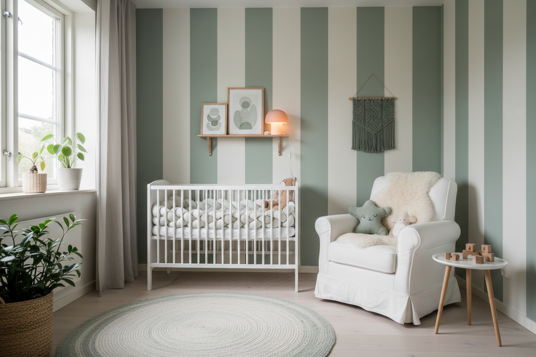 une nurserie scandinave apaisante avec des tons vert sauge et blanc