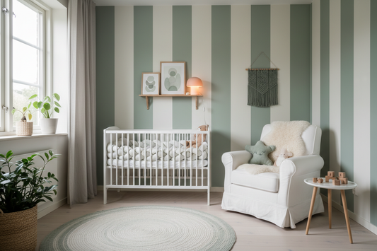 une nurserie scandinave apaisante avec des tons vert sauge et blanc