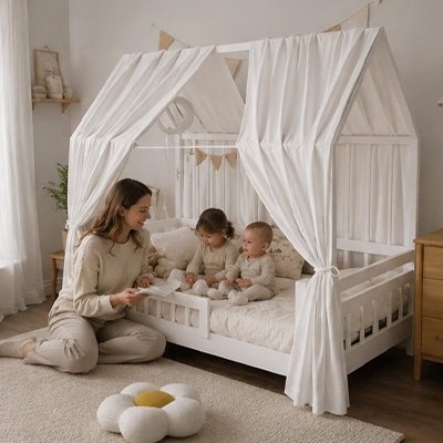Ciel de lit enfant avec deux bébé et maman