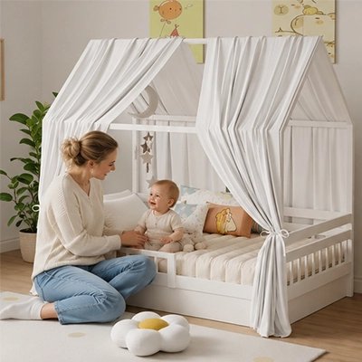 Ciel de lit enfant avec un bébé qui souri