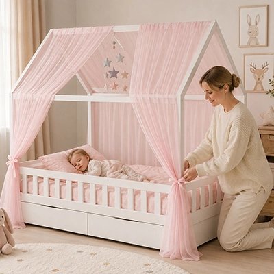 Ciel de lit enfant avec un maman assis à côté du berceau