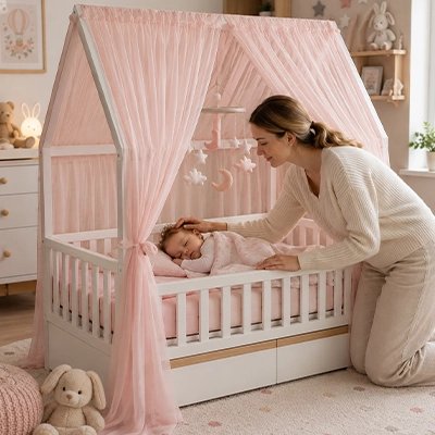 Ciel de lit enfant avec un maman qui fait dormir le bébé