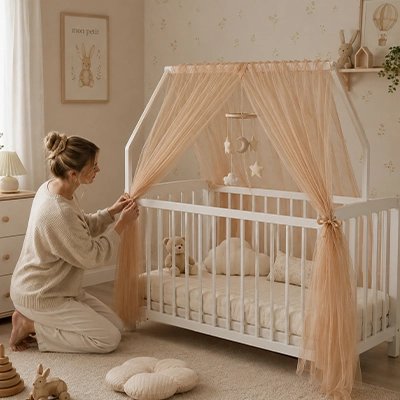 Ciel de lit enfant avec un maman qui l'installe