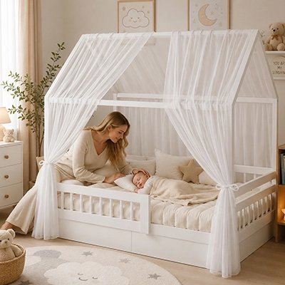 Ciel de lit enfant avec un maman qui regarde comment son bébé dort