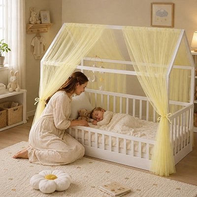 Ciel de lit enfant avec un maman qui regarde son bébé