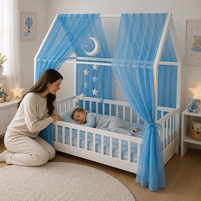 Ciel de lit enfant avec un maman qui souri