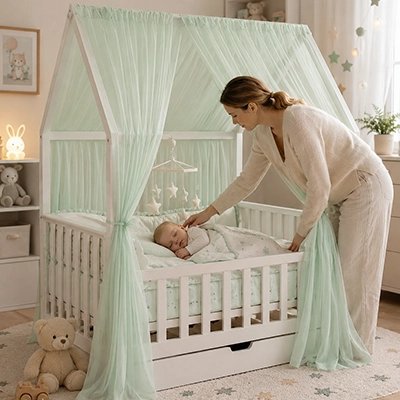 Ciel de lit enfantVec un maman qui ajuste le lit de bébé