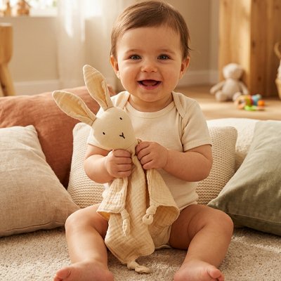 Doudou lapin _un bébé content 