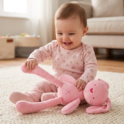 Doudou lapin- bébé joue avec son doudou lapin.
