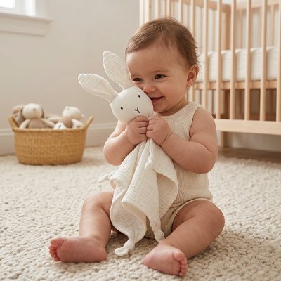 Doudou lapin _bébé met son doudou dans son visage.