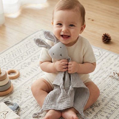 Doudou lapin -bébé content avec son doudou doux.