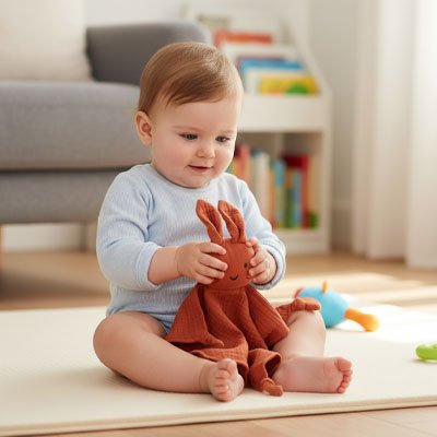Doudou lapin _bébé  joue avec son doudou.