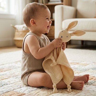Doudou lapin _bébé joue avec son doudou lapin.