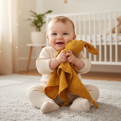 Doudou lapin -bébé rit avec son doudou