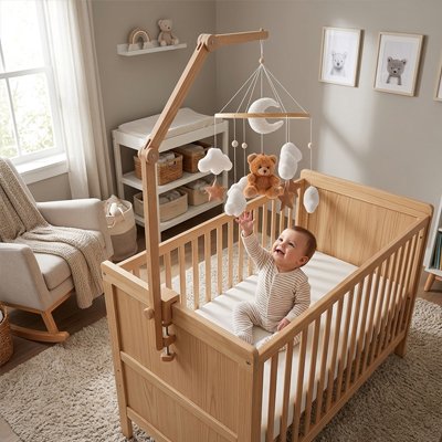 Mobile pour bébé- tissu doux, ourson en peluche et formes variées