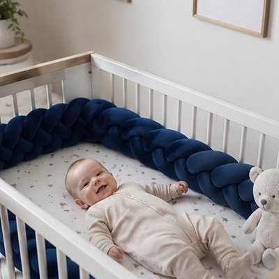 Tour de lit tresse avec un bébé qui souri