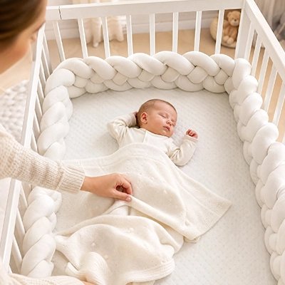 Tour de lit tressé bébé et maman