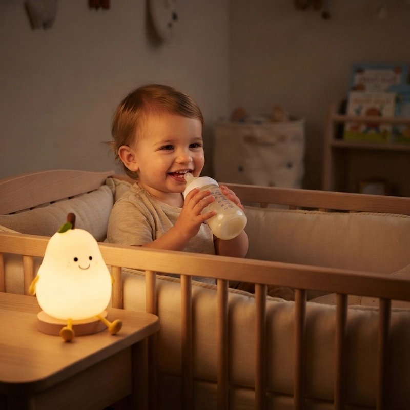 Veilleuse bébé avec bébé  avec son biberon. 