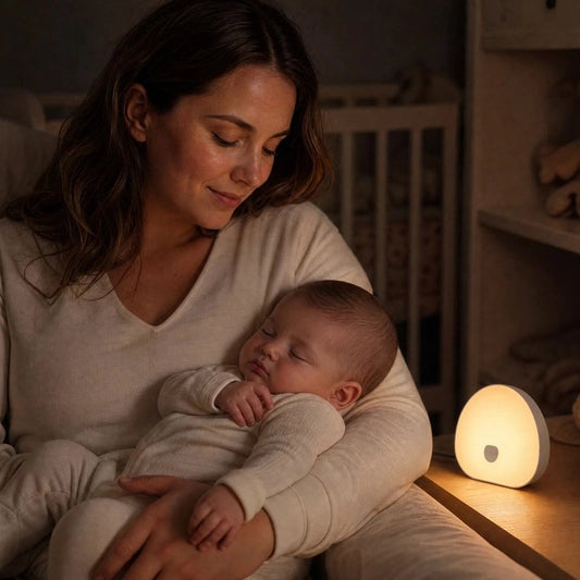 Veilleuse bruit blanc avec un bébé dans les mains.
