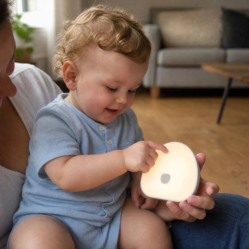 Veilleuse bruit blanc avec un bébé qui est content .
