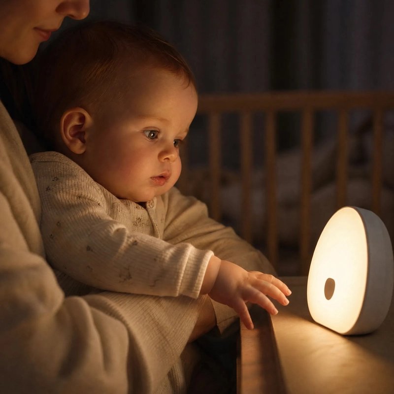 Veilleuse bruit blanc avec un bébé qui touche une veilleuse.