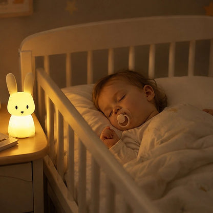 Veilleuse lapin avec un bébé qui dort.