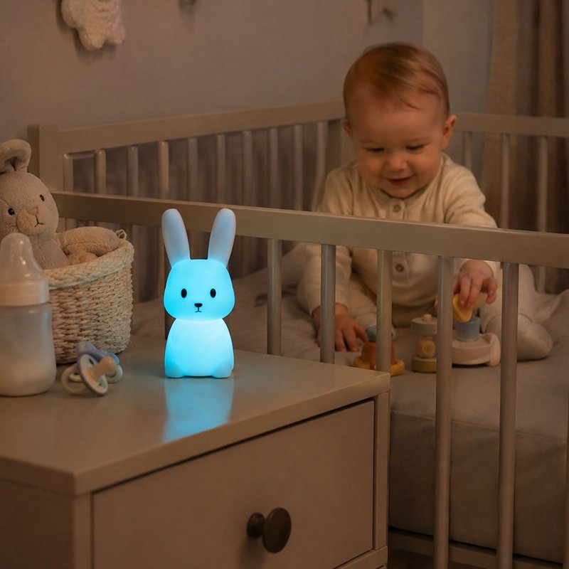 Veilleuse lapin avec un bébé qui joue au berceau.