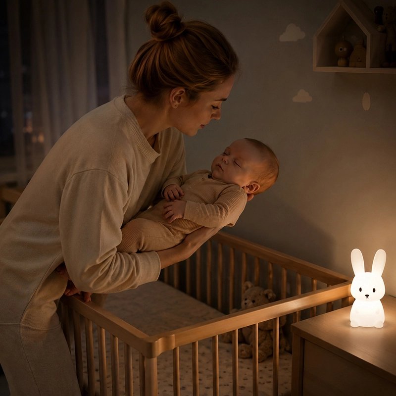 Veilleuse lapin avec une maman qui soulève un bébé.