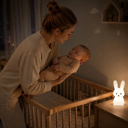 Veilleuse lapin avec une maman qui soulève un bébé.