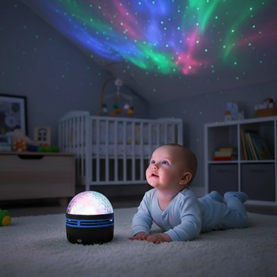 Veilleuse projection avec un bébé content.