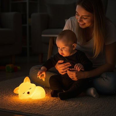 Veilleuse renard avec bébé et maman.