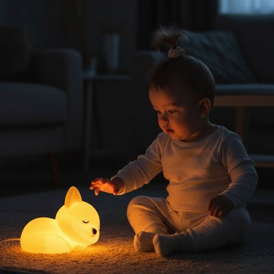 Veilleuse renard avec un bébé assis.