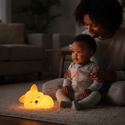 Veilleuse renard avec un bébé qui est content.