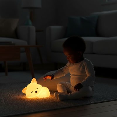 Veilleuse renard avec un bébé qui touche un renard